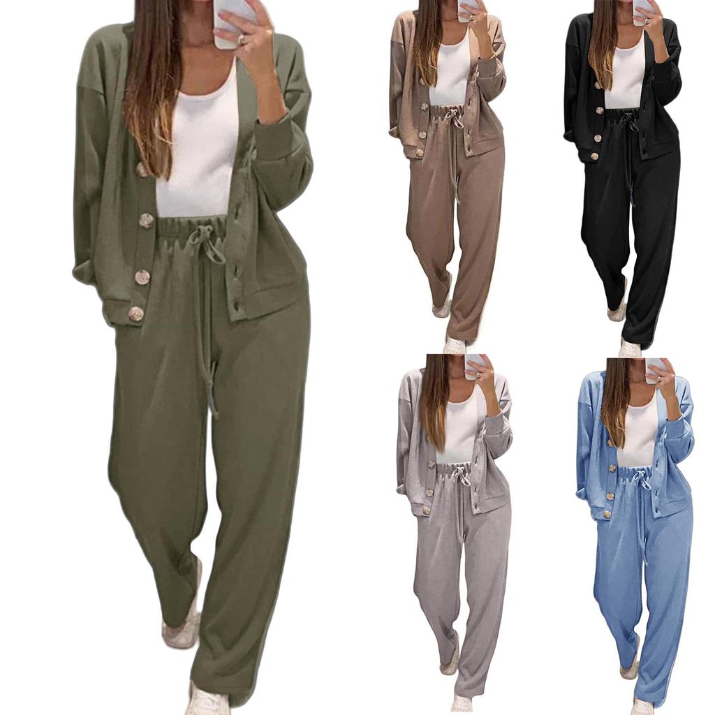 Damen Modischer Lässiger Langärmliger Einfarbiger Sweat-Cardigan Top und Hosen Set