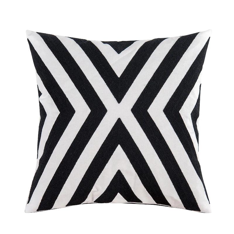 Home Decorative Embroidered Cushion Cover Black White Canvas Cotton Square Embroidery Pillow Cover 45X45Cm For Sofa Bed Chair
