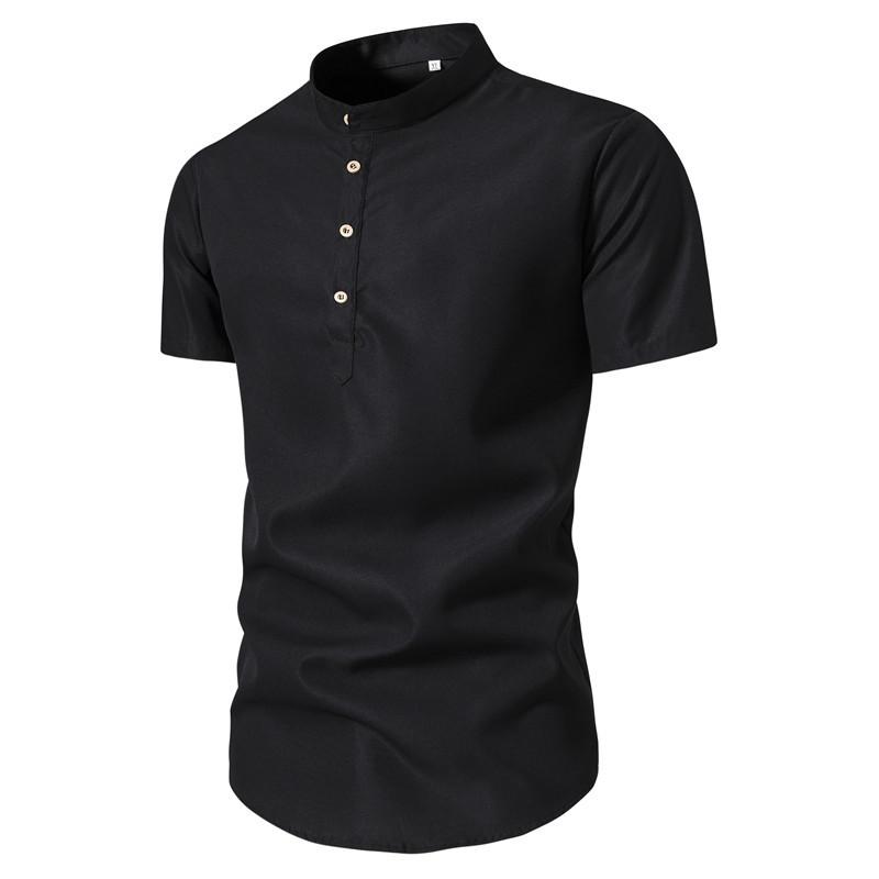 Summer Solid Stand Collar Men's Casual Shirt Buttons Short Sleeve White Black Shirts Men Pullover Top