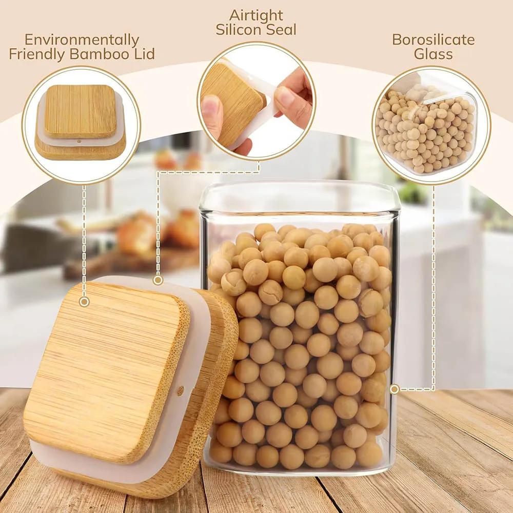 9oz Glasbehälter mit luftdichten Bambusdeckeln - Klare Glas Vorratsbehälter Kleines quadratisches Behälterset für Küchengewürze