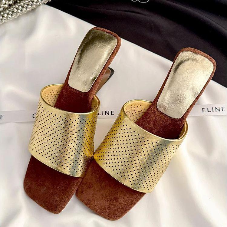 Silver open-toed hollow thick heel casual cool slippers women's 2025 summer wedge heel medium heel niche French women's shoes summer