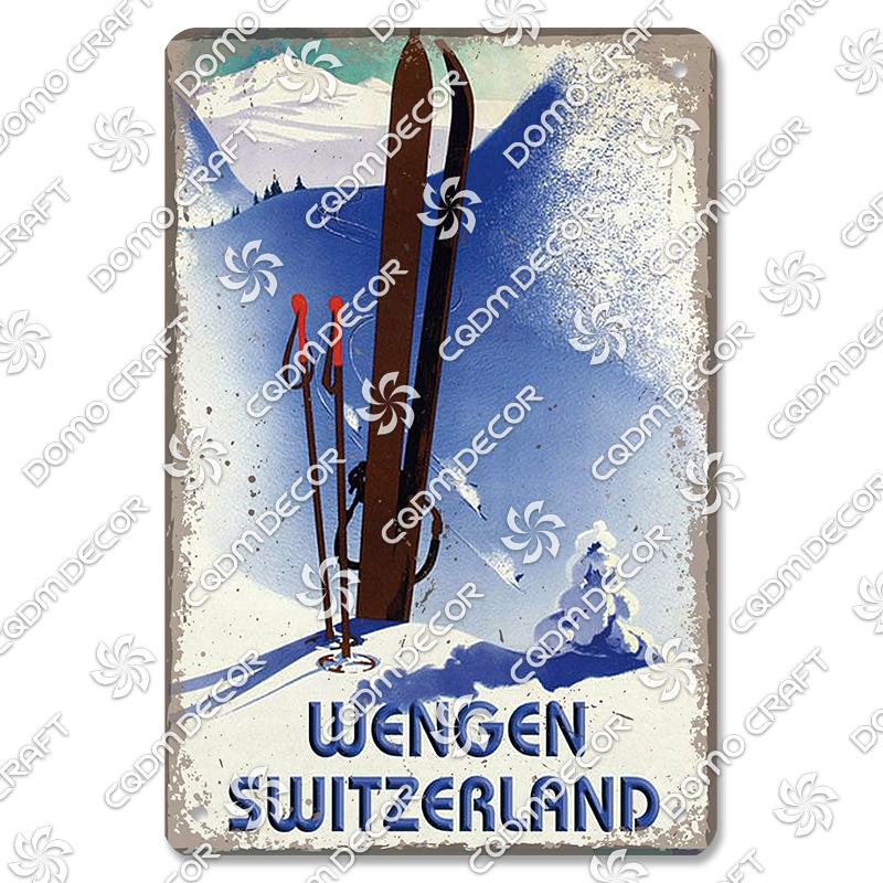 Ski Poster Metall Blechschilder Skipiste Schlitten Winter Skifahren Sport Metallplatte Vintage Wanddeko Geschäft Ski Club Wohnzimmer Zuhause