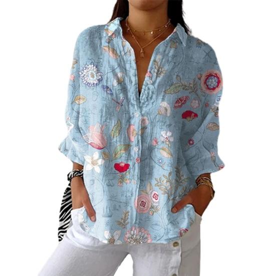 Women Shirt Lapel Long Sleeve Buttons Placket Shirt Tops Loose Fit Mid-length Summer Floral Shirt Lightweight Casual Tops