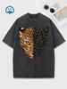 Washed Cotton T-shirt Women's Leopard Tiger Cartoon Print Short Sleeve T Shirt Graphic Tee Round Neck Top Casual Vintage