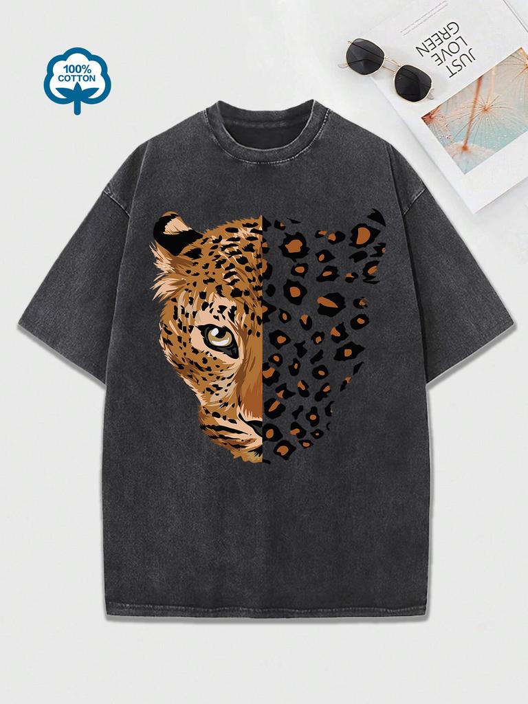 Washed Cotton T-shirt Women's Leopard Tiger Cartoon Print Short Sleeve T Shirt Graphic Tee Round Neck Top Casual Vintage