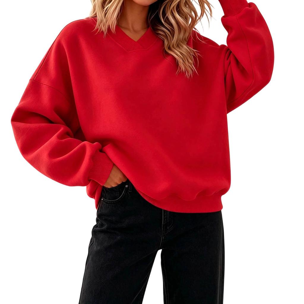 Women's V-Neck Long Sleeve Loose Fit Sweatshirt Color Comfortable Casual Pullover