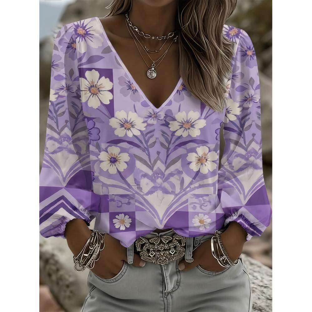 Women s fashionable V-neck floral shirt, casual yet elegant, comfortable long-sleeved shirt, perfectly suitable for elegant business attire S