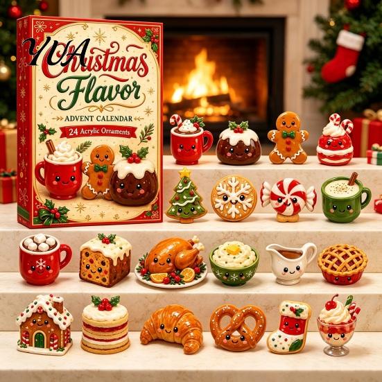 Holiday Fun Accessories 2026 Christmas Characters Advent Calendar, 24-Day Countdown Food Theme Ornament Set, Festive Home Decoration 2D Acrylic