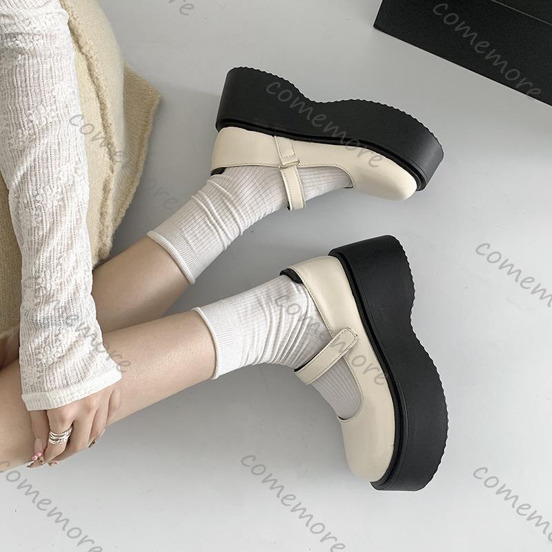 Comemore Retro Heightening Thick Bottom Loafers for Women Spring Autumn Casual Round Head High Heels Mary Janes Single Shoes