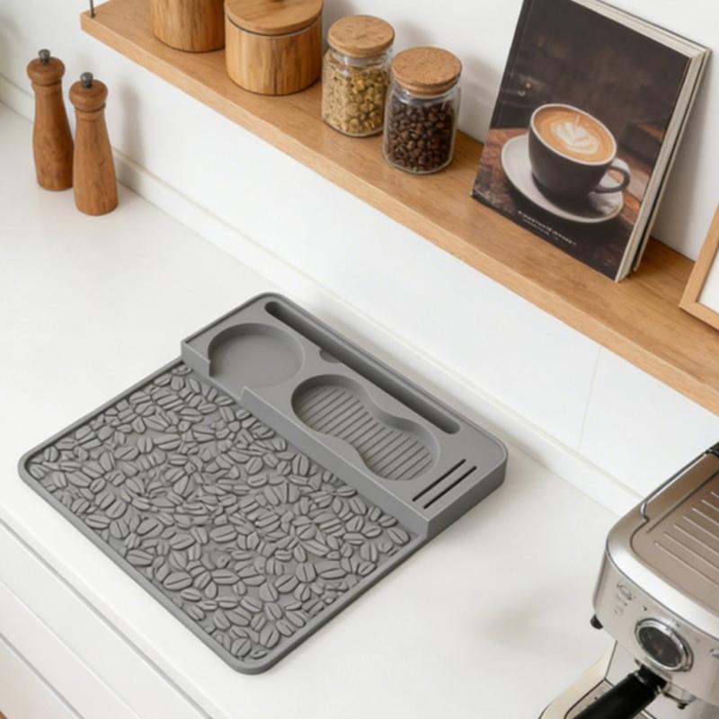 Silicone Coffee Tamping Pad with Textured Work Area, Recessed Tool Holders, Coffee Bean Pattern, and Loose Grounds Control for Brewing