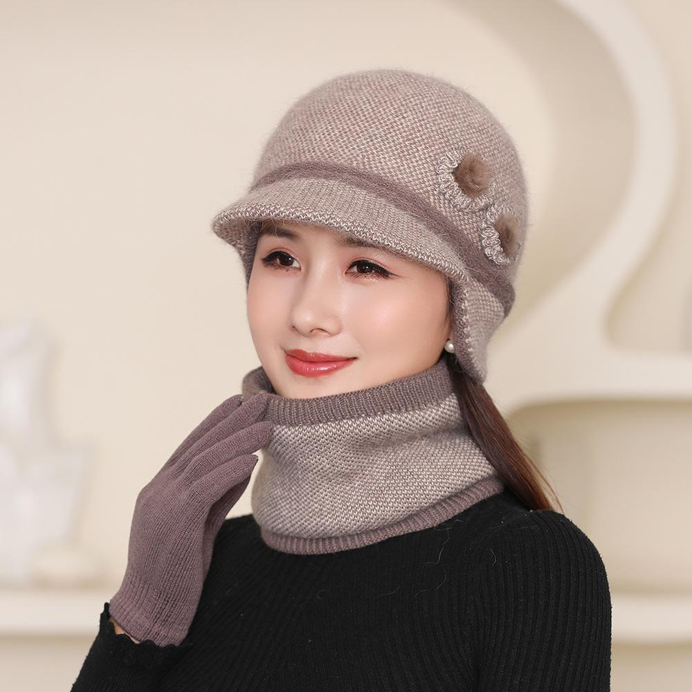 Elderly Hat Scarf Set Women Winter Double Warm Ear Protection Wool Hat Cold Knitted Cap