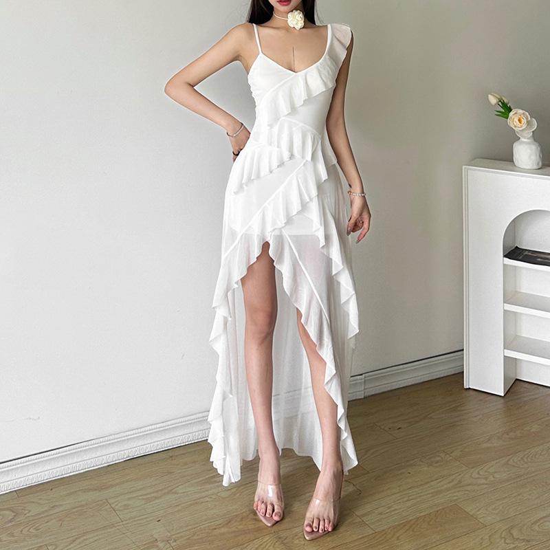 Women's White Ruffled High Low Maxi Dress Sexy V-Neck Spaghetti Strap Backless Bodycon Party Dress