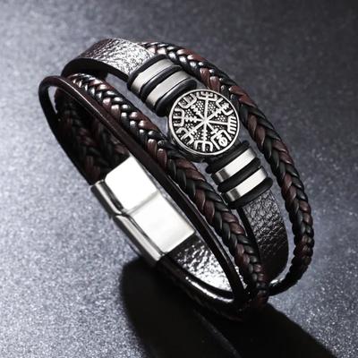 Braccialetto vintage punk da uomo in pelle intrecciata multistrato con bussola e scrittura