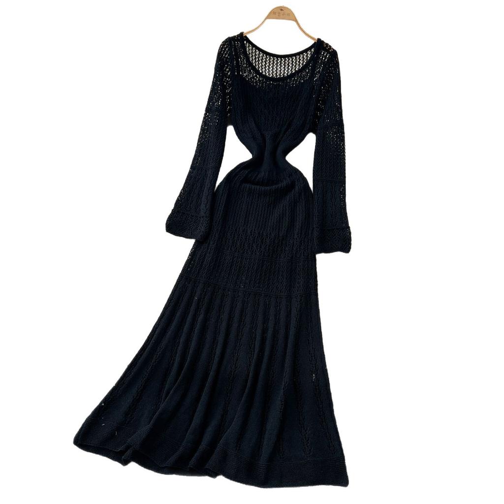Lazy wind casual high-end sense hollow crochet knitted dress women's inner suspender bottom skirt two-piece set