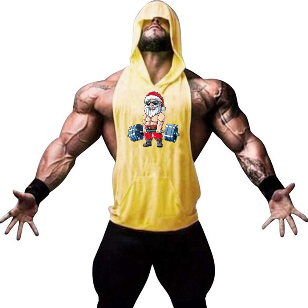 Men's fashion trend personalized gym fitness and leisure sleeveless Santa Claus print pattern hooded vest sports running vest