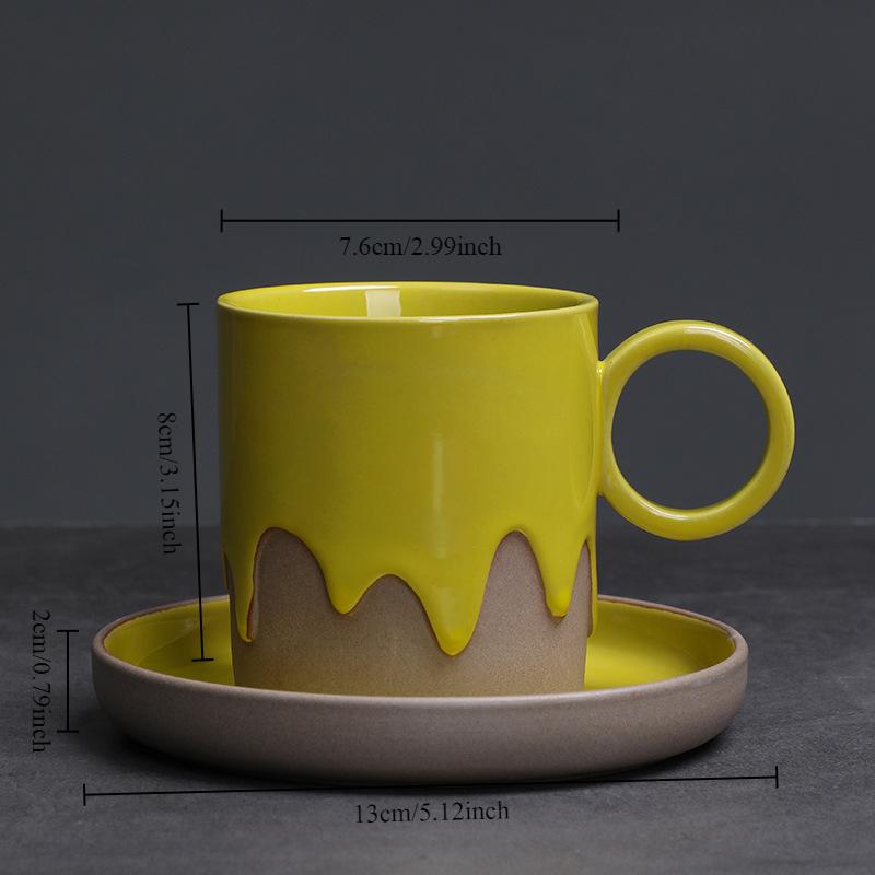 Creative Vintage Style Coarse Pottery Coffee Cup and Saucer Set with Flowing Glaze Finish for Latte Art Home Decor Use Gift Box