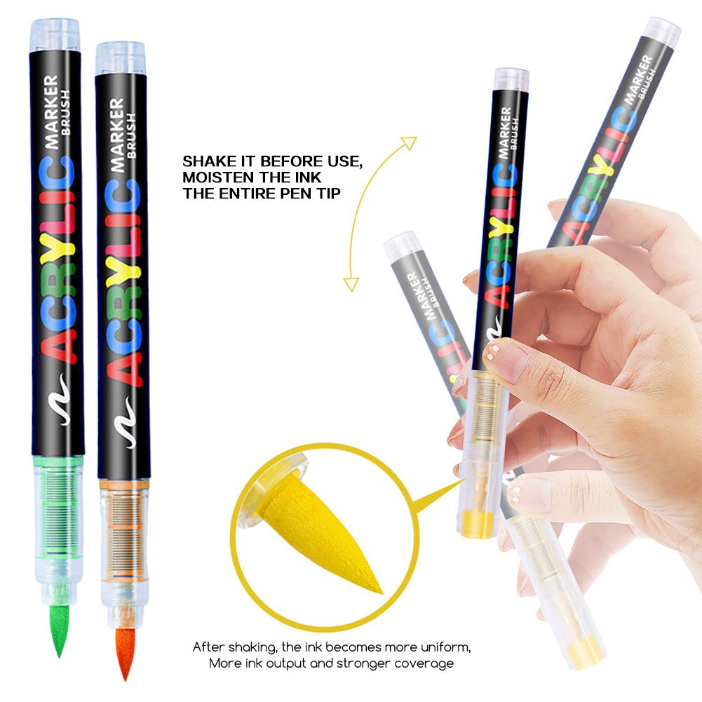 12/24Colors Acrylic Paint Markers,Soft Brush Tip Painting Pens for Stone Glass ,Straight Liquid Acrylic Markers for Art Supplies