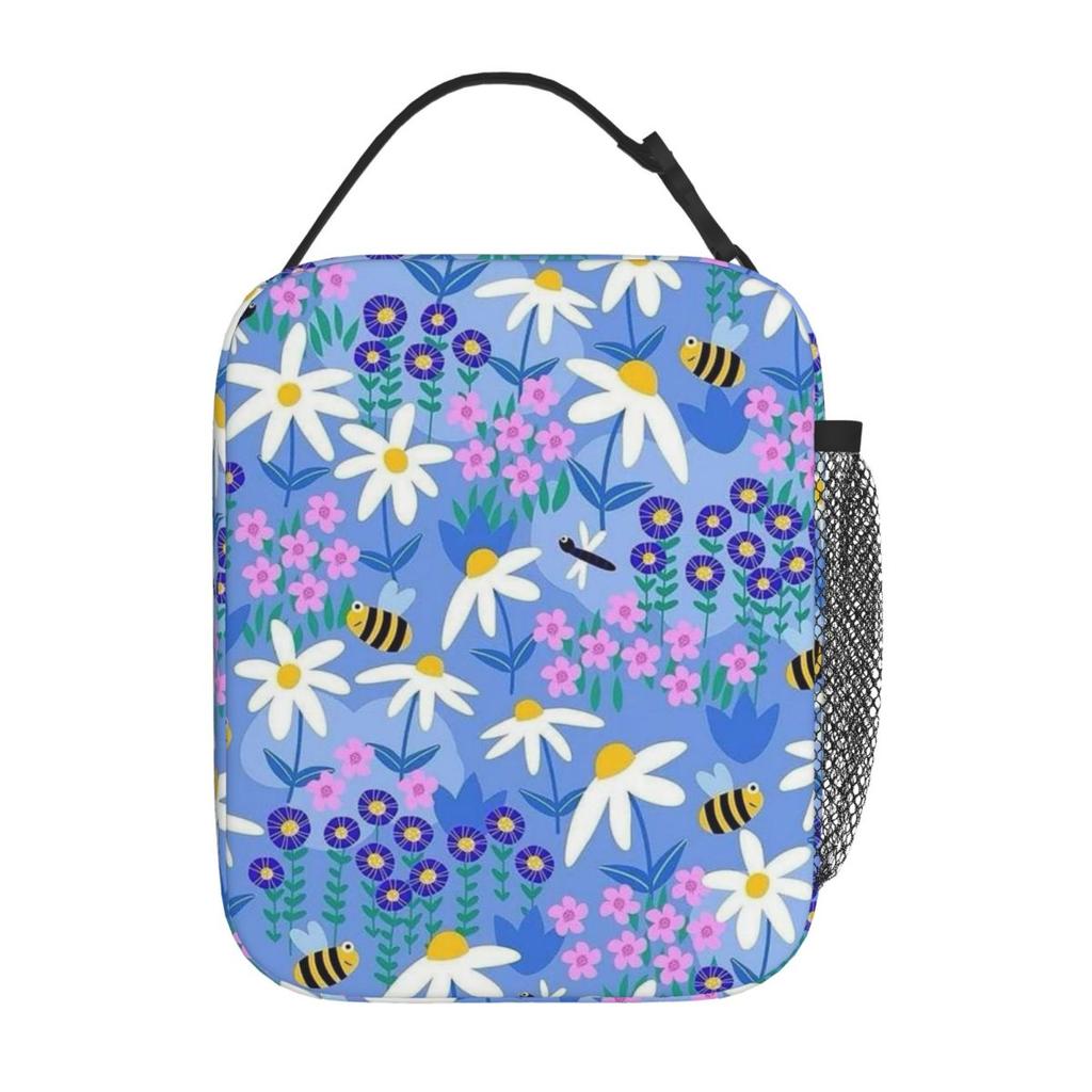 The Pattern Of Bees Picking Flowers Insulated Lunch Bag for Women Kids Portable Food Boxes Thermal Lunch Box Tote