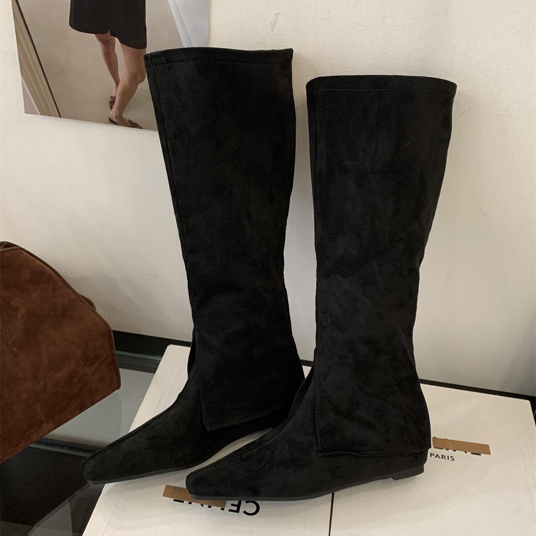 

Мода Bailamos Зимний Новый Бренд Женские Рыцарские сапоги Мода Острый Носок Слипоны Сапоги до колена Тонкий Низкий Каблук Длинные Сапоги Обувь 39 чёрный