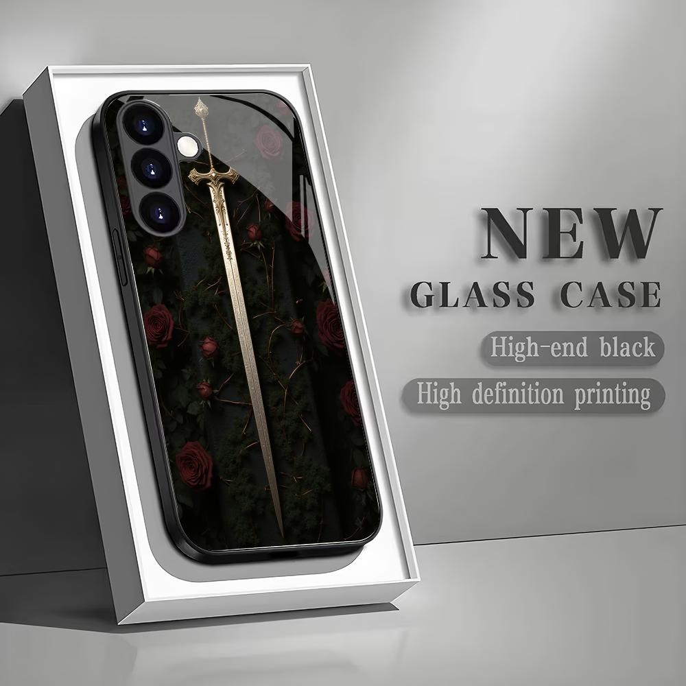 Custodia in vetro temperato con motivo a spada adatta per Samsung Galaxy S26 S25 S24 S23 S22 S20 FE/Ultra/Plus5G cover posteriore anti-caduta