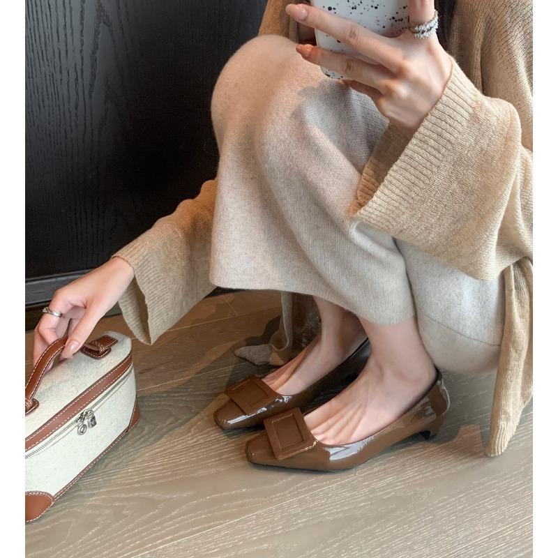 Design Director~ Leather Square Head Square Buckle Kitten Heel Single Shoes Women's OL Commuter Shoes