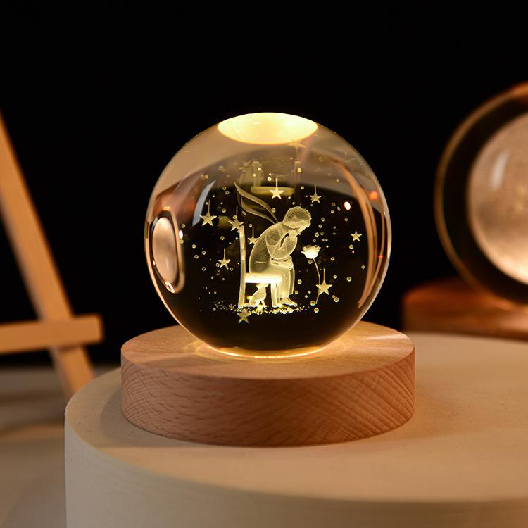 3D Art Nebula Laser Carving Solar System Moon Planet Nights Lamp LED Glowing Crystal Glass Globe Ball Wood Base Night Light