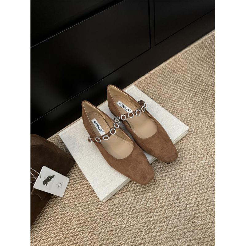 2025 temperament small square head Korean diamond belt shallow mouth Mary Jane shoes women's spring and autumn low-heeled suede single shoes