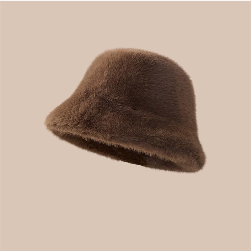 WHITE Faux Fur Fisherman Hats Antumn Winter Thickened Warm Bucket Hat Lady Outdoor Soft Snow Fur Cap Solid Wide Brim Caps
