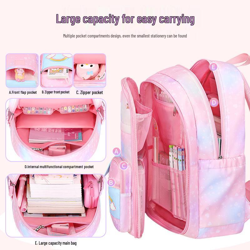 Gradient Color Kids' Backpack with Spine Protection - Rainbow Double-Shoulder for Girls & Boys, Weight-Reducing, Ideal for Elementary School.