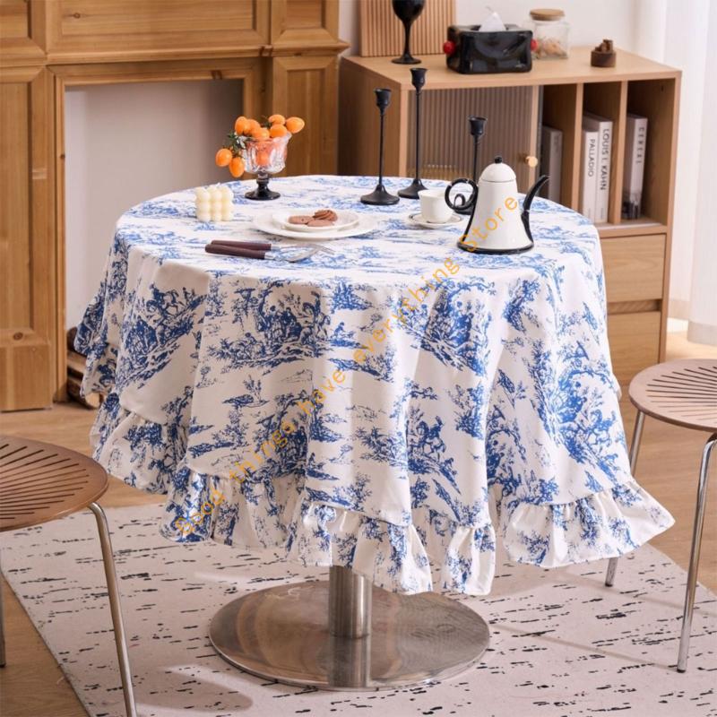 150cm/180cm French Cotton Linen Tablecloth With Ruffled Trim For Round Tables Washable Floral Pattern Table Cover 55KF