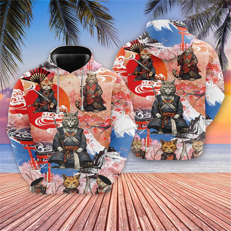 Japońskie samurajskie bluzy graficzne Harajuku Fashion Cherry Blossoms bluzy z kapturem dla mężczyzn ubrania Warrior Cat Y2k bluza z kapturem dla chłopców