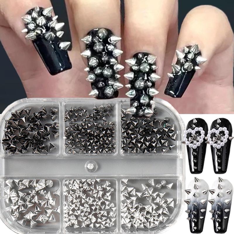 6-grids Y2K Punk Metal Rivet Cone Nail Decorations 3D Stylish Silver/Black Alloy Spike Nails Decoration DIY Mix Sized Easy Stick