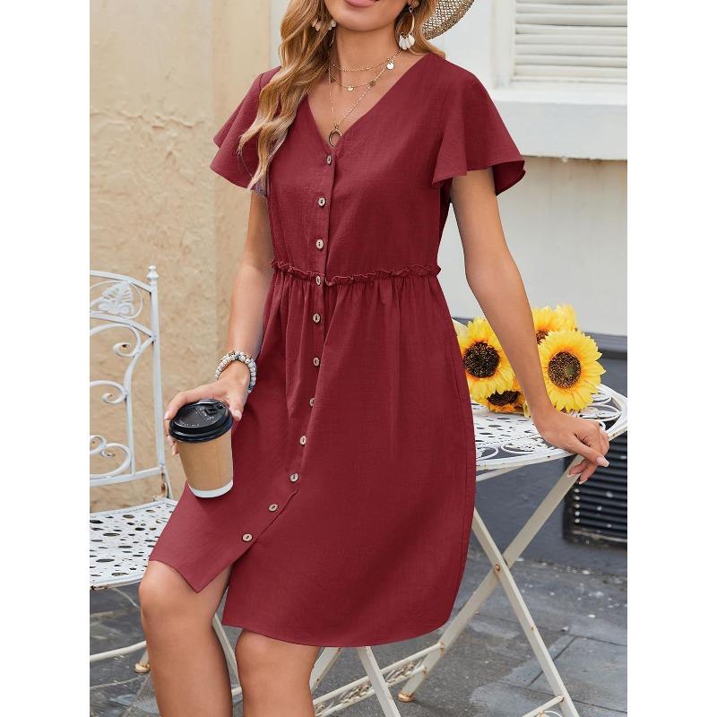 BITCED Fashion Summer Spring Solid Color Print Short Sleeve V-Neck Casual Dresses
