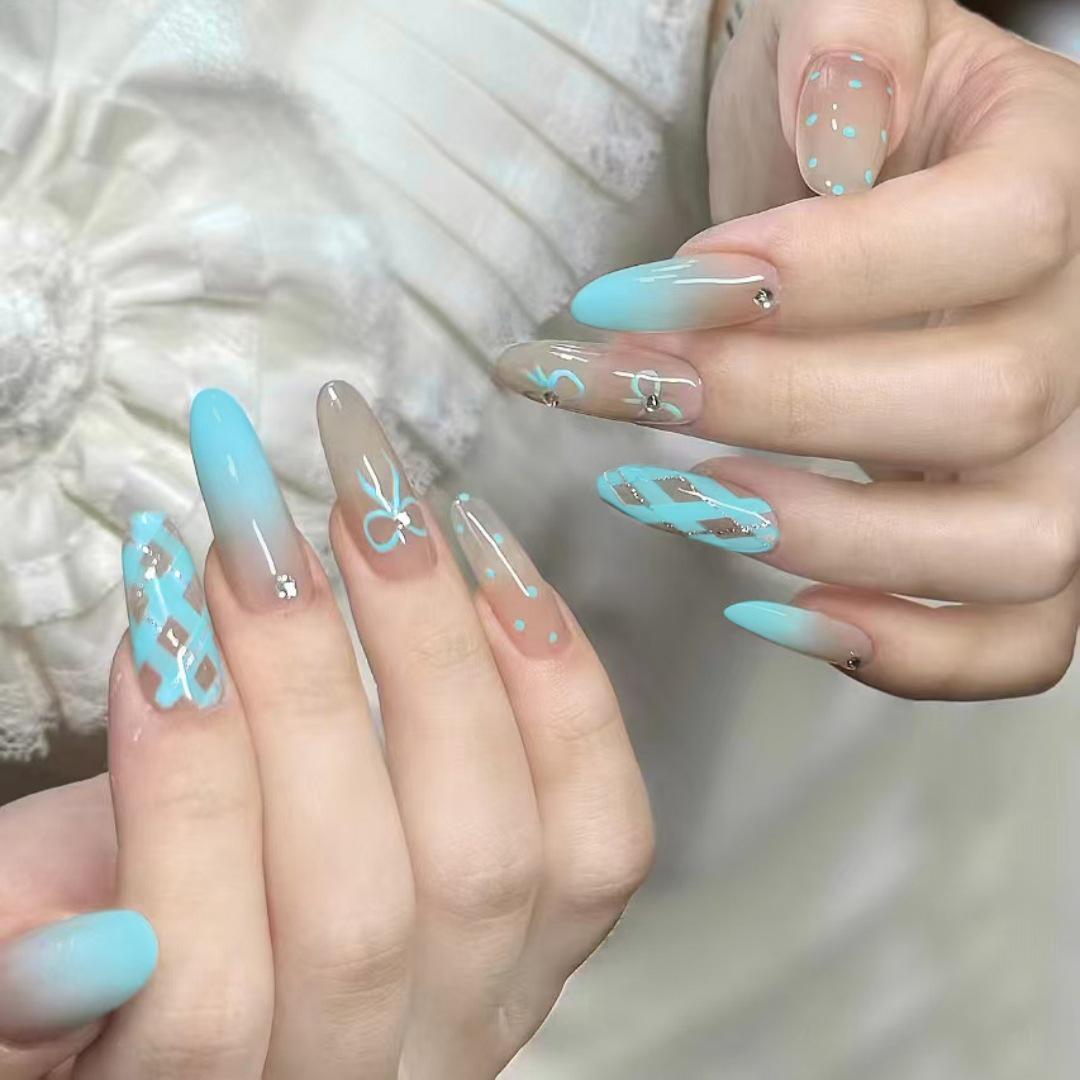 

B643 Gradient Polka Dot Nail Art Stickers with Gingham Bow False Nails Gradient Gingham [Glue Type]