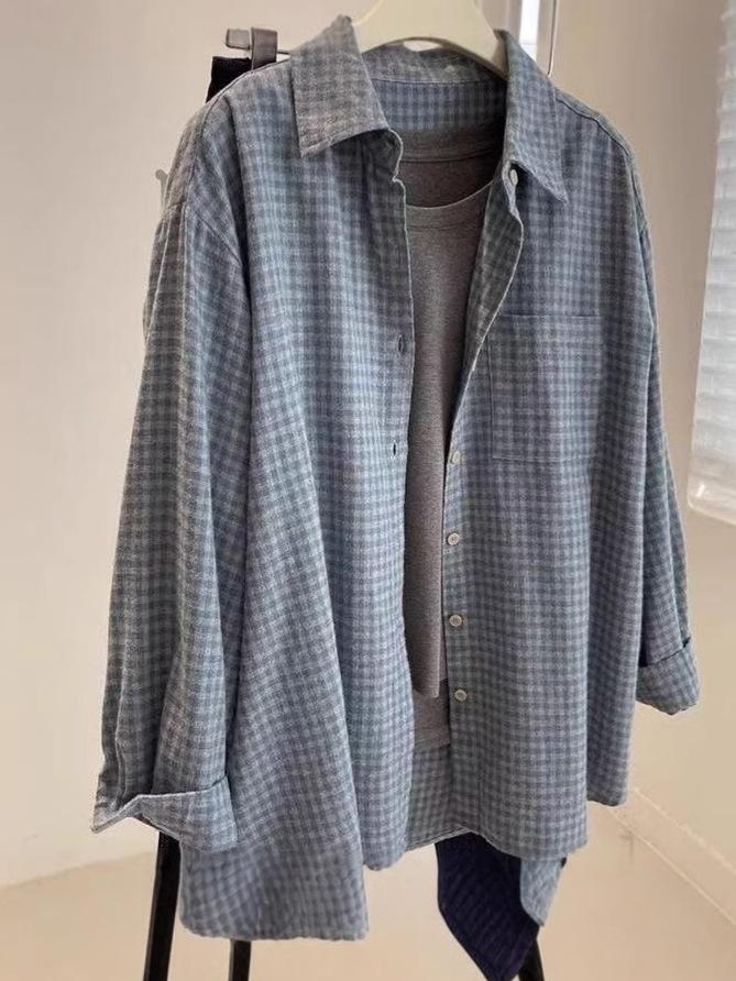 Blue Plaid Retro Cotton Womens Long Sleeve Shirt Springautumn Lazy Style Top