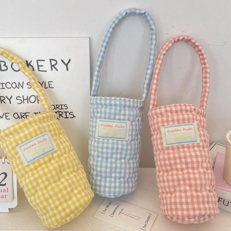 57141 cup cover portable small bag fabric padded plaid water cup bag anti-scalding soft portable water cup milk tea bag