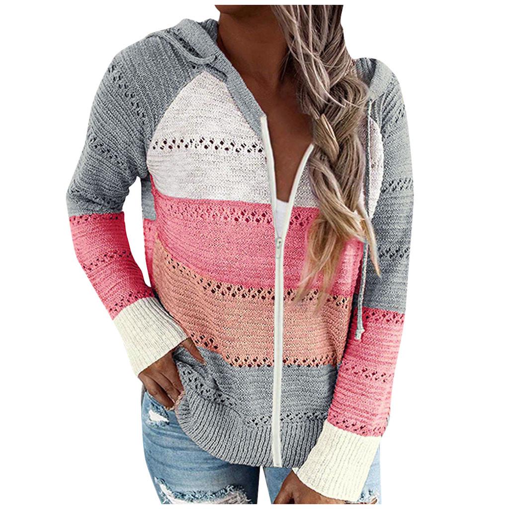 Fashion Women Casual Patchwork Long Sleeves Hooded Sweater Cardigan Blouse Tops