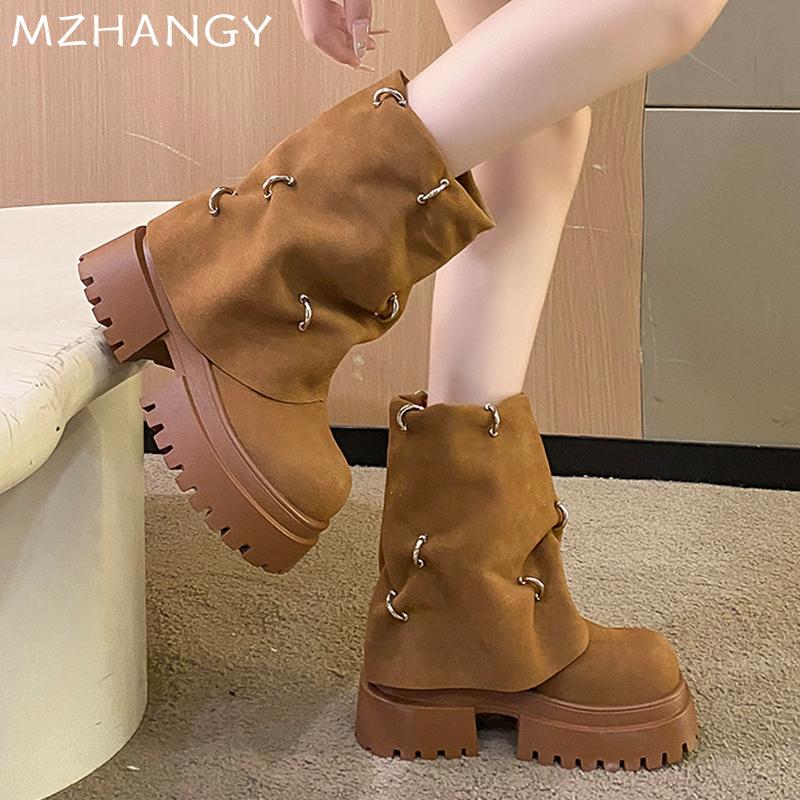 Fashion Women Suede Platform Ankle Boots Winter Mid Heels Shoes Woman 2025 Trend Designer New Snow Dress Motorcycle Boots Mujer Botas