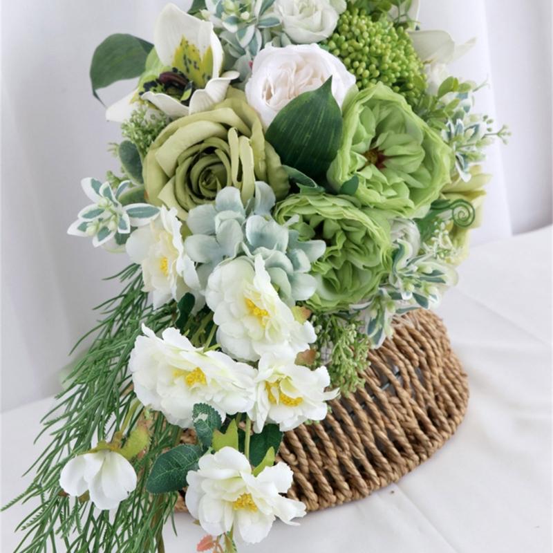Delicate LimeGreen Rose Display Bouquets Artificial Flower Decorations Bride and Bridesmaids Long Bouquets for Wedding