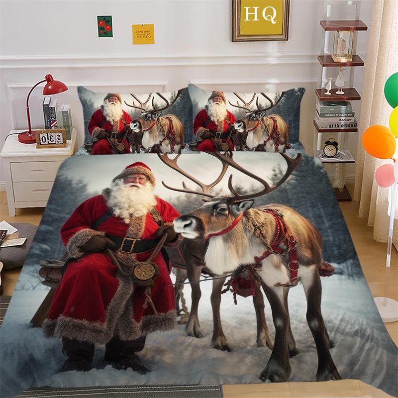 Jultomte Älg 3D-printad Polyester Kuddfodral Täcke Överdrag Två Eller Tre Delars Set