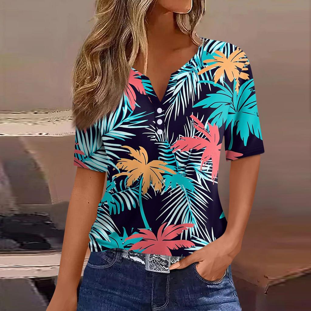 Women's T Shirt Print Button Short Sleeve Daily Weekend Fashion Basic V- Neck Regular Top