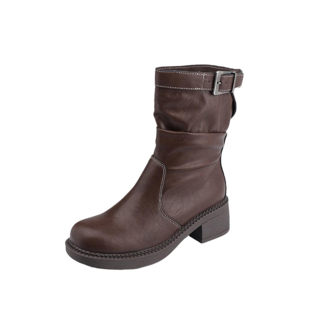 Korean version of knight boots women's belt buckle pleated piled boots comfortable soft sole not tired feet British style thick-soled Martin boots