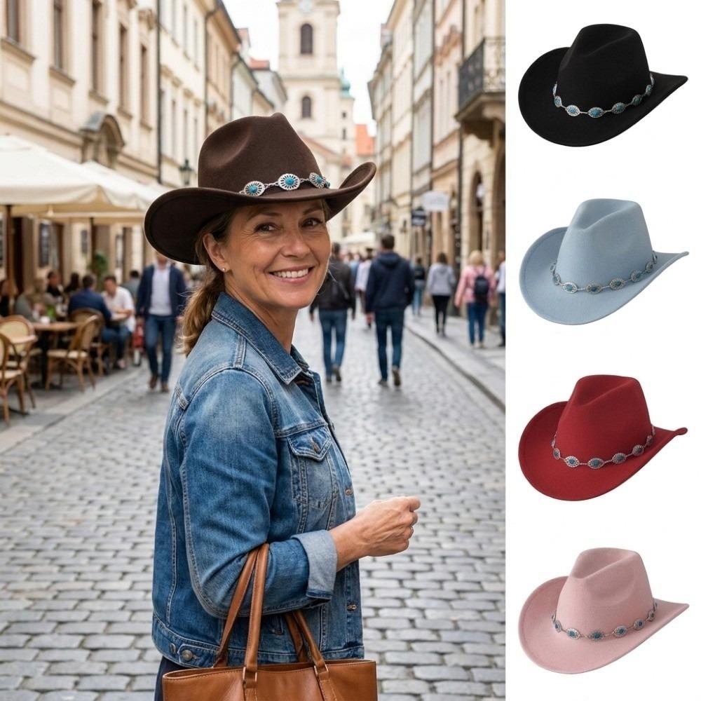 Turquoise Felt Fedora Hat Wide Curved Brim Western Cowgirl Hat for Party Travel Costume