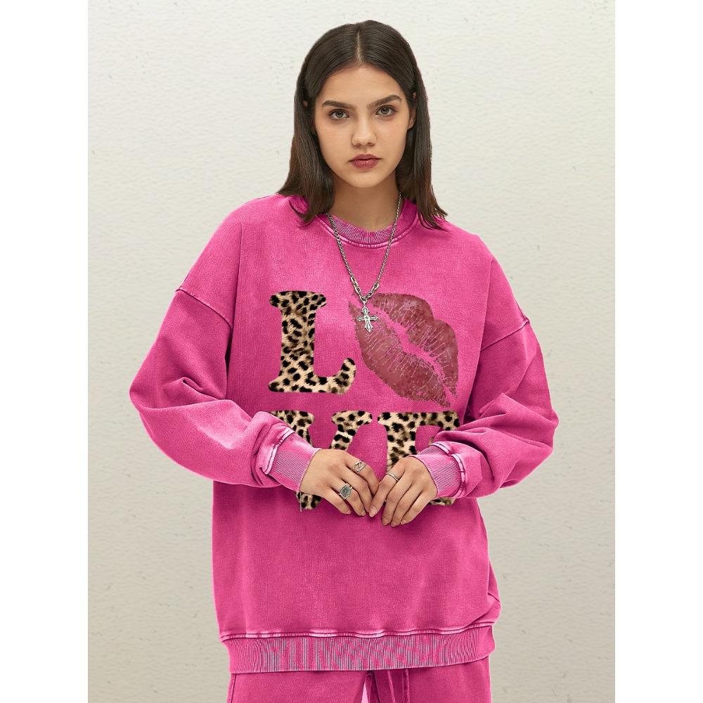 Red Lipped Leopard Print Love Printed Pullover Women Cotton Loose Washed Sweatshirt Fashion O-Neck Streetwear Clothes