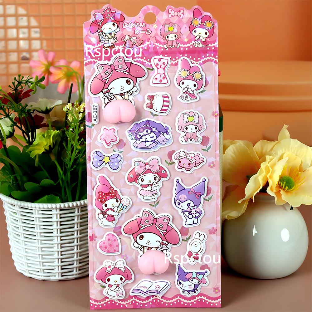 4pcs Cute Sanrio Butt 3D Relief Stickers Kuromi Melody Creative Squeeze Decompression Toy Decals Guitar Phone Notebook Sticker