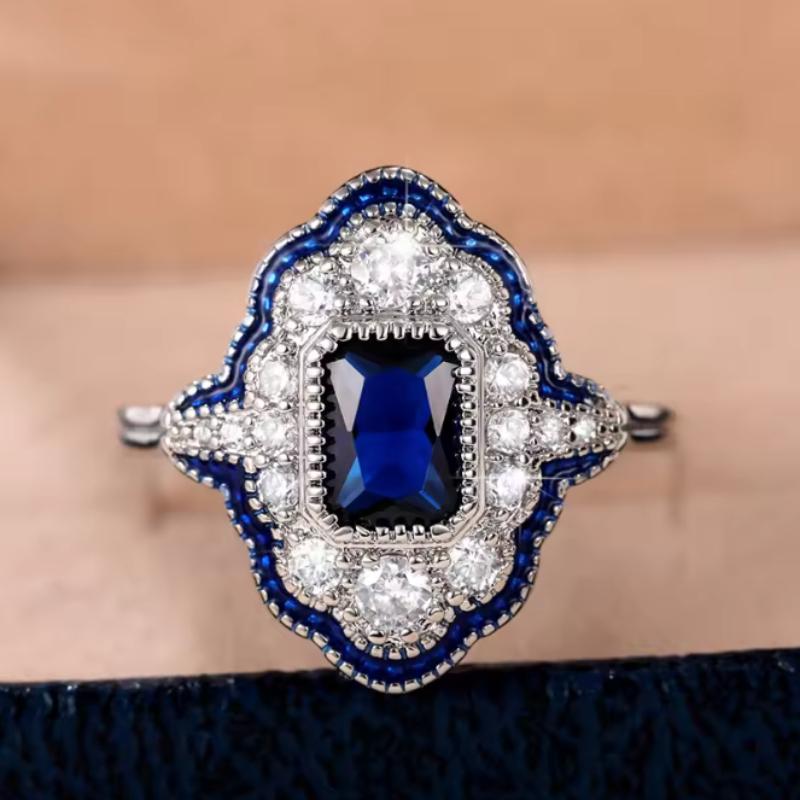 Retro Blue Rings Women Anniversary Evening Party Dazzling Cubic Zirconia CopperColor Elegant Lady's Ring Vintage Jewelry