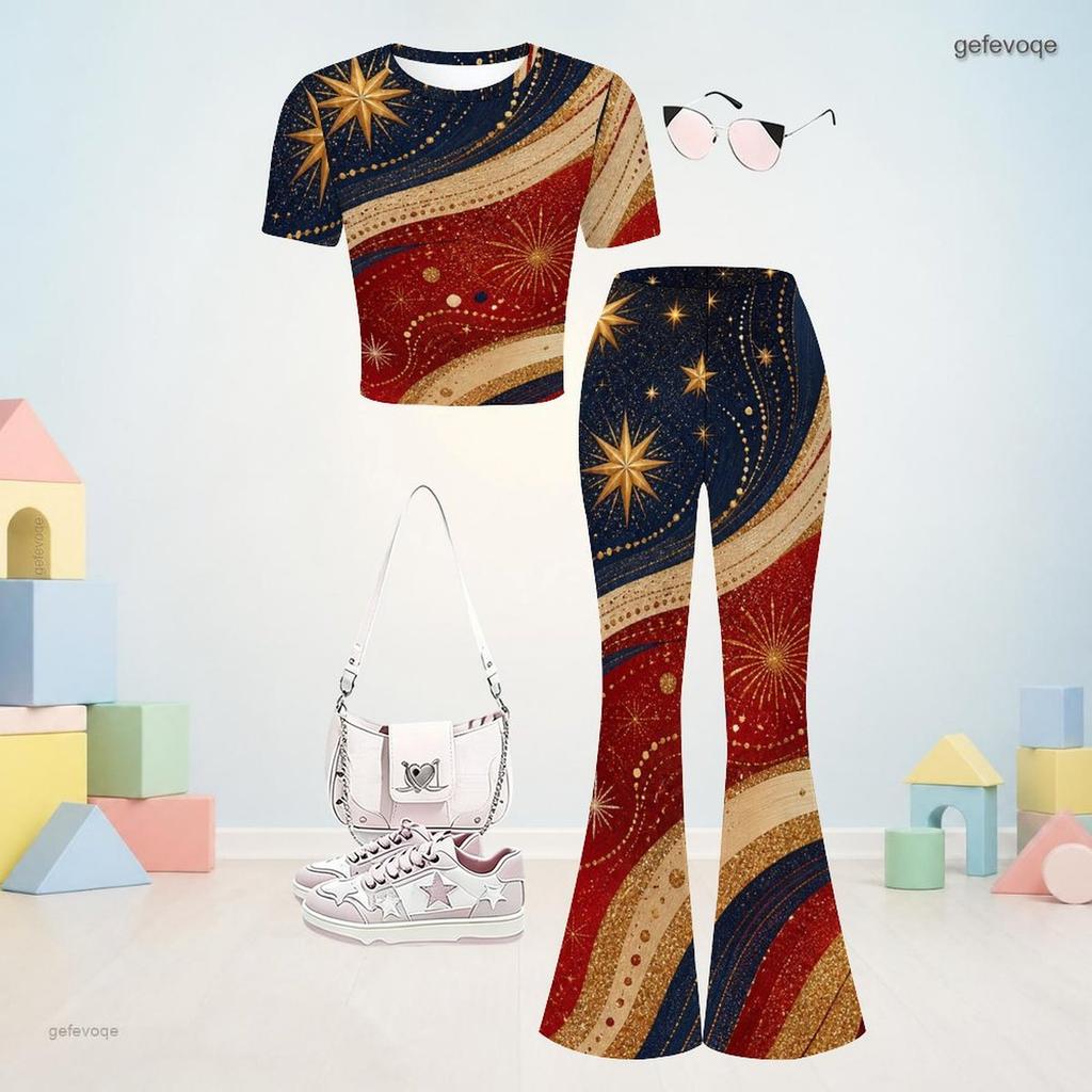 Girls White Round Neck Short Sleeve Star Printed Top Flared Pants Two Piece Set