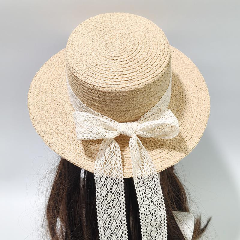 Lace Bow Streamer Beach Straw Hat Women's Summer Sunshade Sun Protection Raffia Flat Top Hat Seaside Vacation Sun Hat