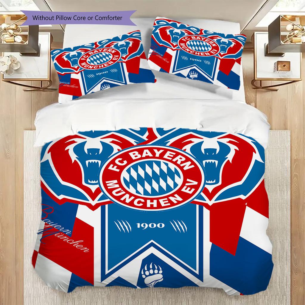 FC Bayern München Muster Bettwäsche Steppdecke Set Bettbezug Kissenbezug Heimdekoration Geburtstagsgeschenk (1 Bettbezug + 2 Kissenbezüge, ohne Füllung)