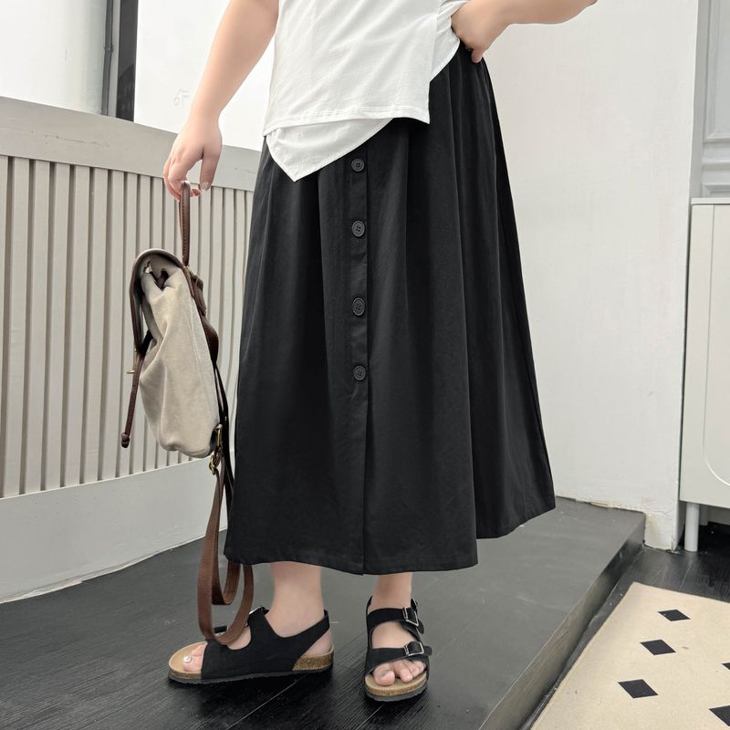 

Limited Edition Plus Size Women s Clothing [Artsy Retro Skirt] Plus Size Ladies Summer High Waist Leg Covering Thick Versatile Buttons Skirt